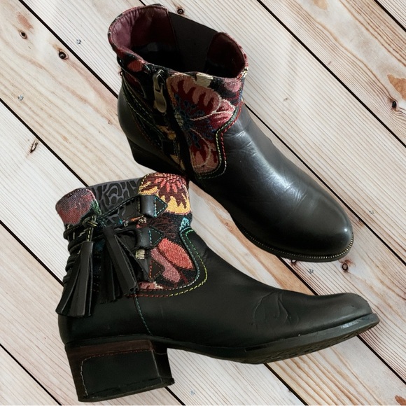 L' Artiste Spring Step Live Leather Tapestry Floral Ankle Bootie Fringe Women - Picture 5 of 15